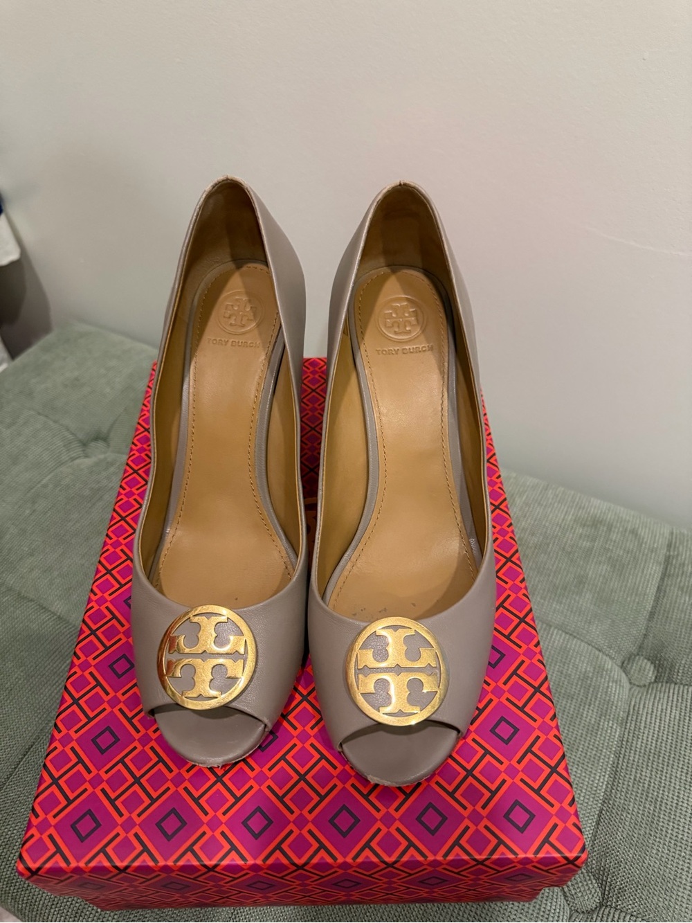 Tory Burch Taupe Peep-Toe Pumps with Gold Logo Medallion